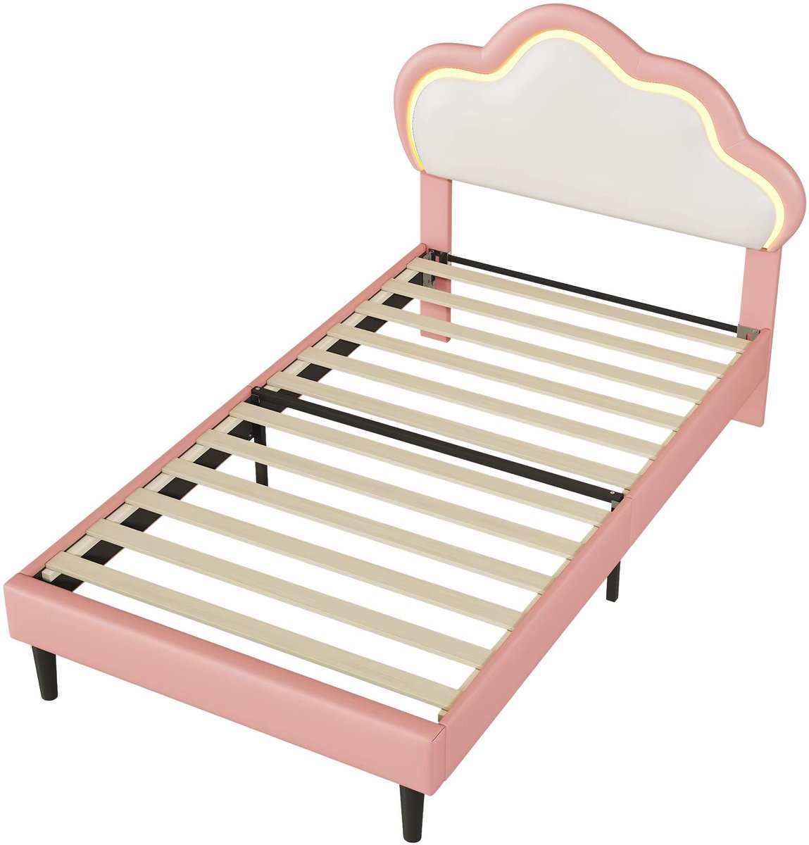 Gestoffeerd Kinderbed 90 x 200 Cm - Bloemblaadjesdesign, Roze Fluweel** - Bed met Wolkvormig Hoofdeinde en Lattenbodem - voor Kinderkamer