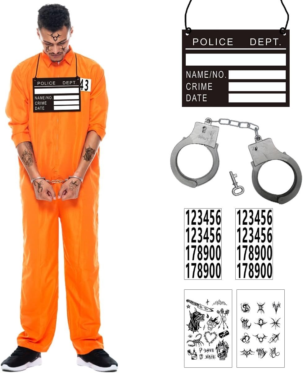 Oranje gevangenis kostuum voor mannen met handboeien en naamstickers, perfect voor Halloween, cosplay en carnaval, maat L/XL
