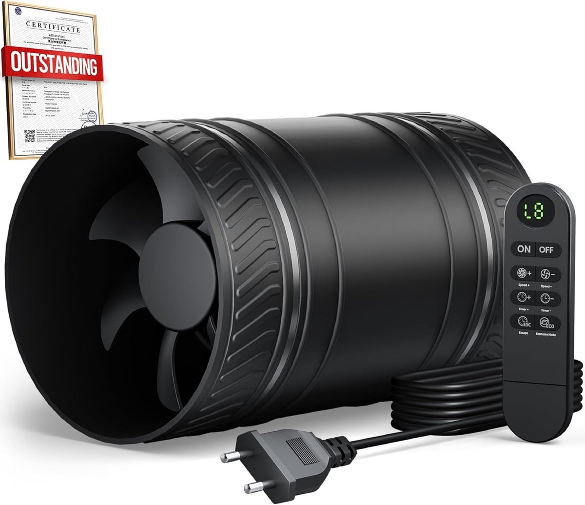 Buisventilator 100mm - 8 Snelheden - Timer tot 24 Uur - Voor Badkamer, Keuken en Garage