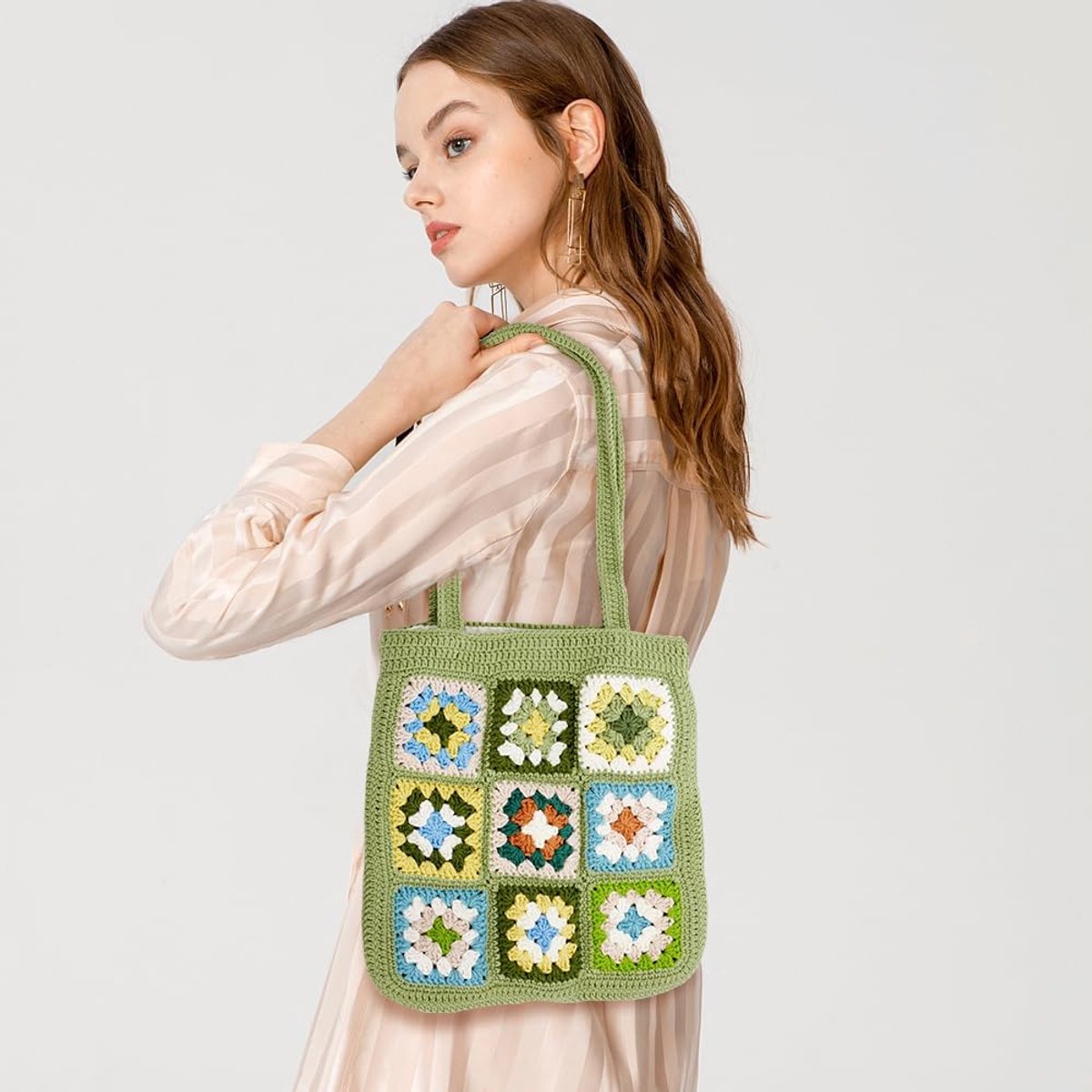 DIY gehaakte draagtas kit voor volwassenen, groene gehaakte oma vierkante schoudertas set voor starters, complete haak accessoires gereedschap om een tas te maken met instructie en video