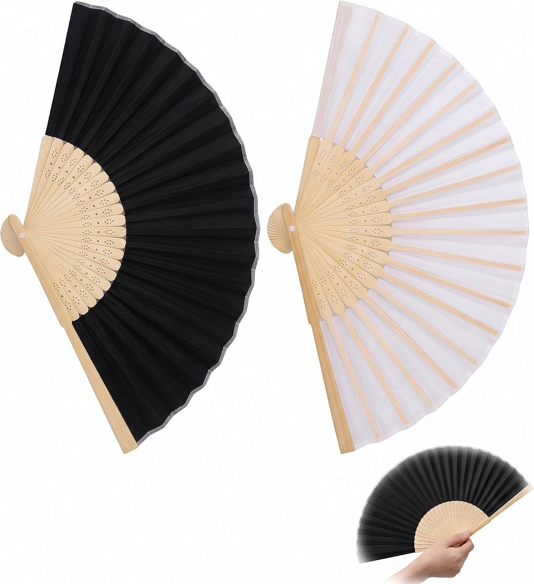 2 stuks vouwwaaiers (zwart en wit), kleine handwaaiers voor handtas voor dames en heren, draagbaar, ter verlichting van de warmte bij bruiloften, dansen, feestjes en doe-het-zelfdecoratie