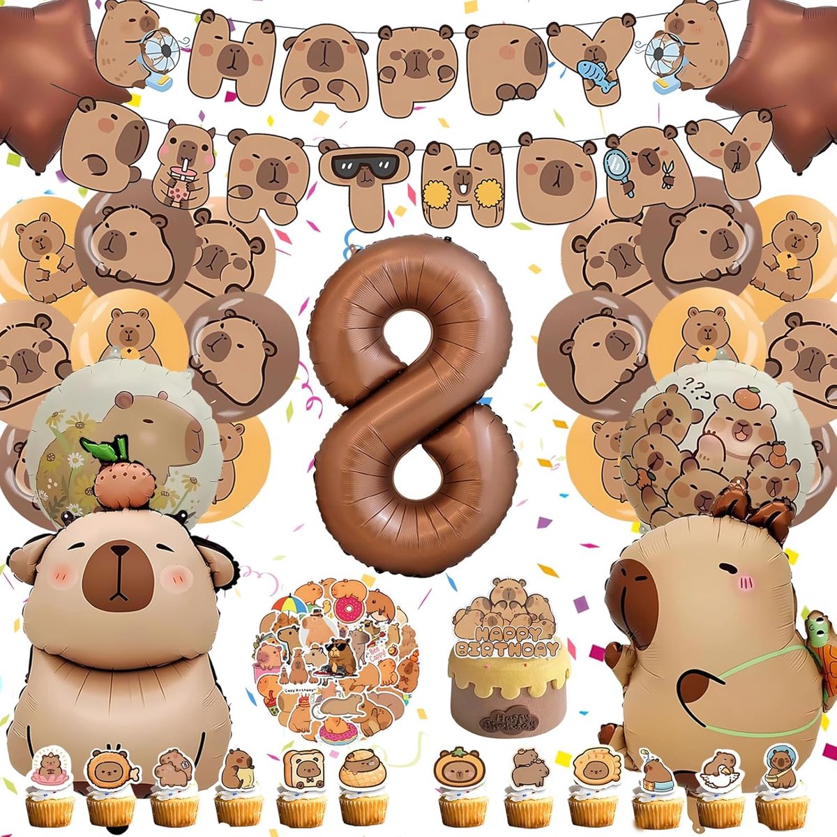 Verjaardagsdecoratie 8 Jaar, Cijferballon 32 Inch | Cijferballon 8 van 32 inch, Capybara ballonnen, bruine latexballonnen, stickers en taarttoppers