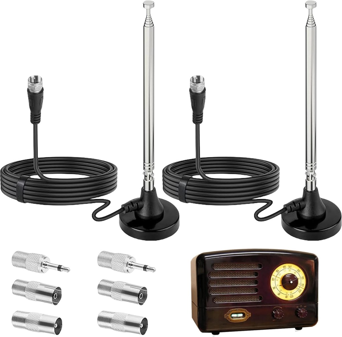 2 stuks DAB FM-radioantenne: digitale telescopische antenne, radioantenne met magnetische voet 3 m verlengkabel, voor 75 ohm DAB FM radio-tuner, stereo-radio-ontvangst, ontvanger, AV-ontvanger