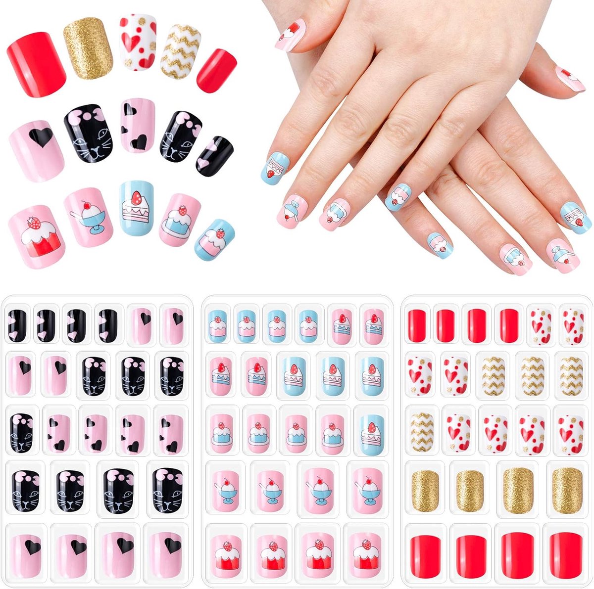 72 stuks nagels om op te plakken, voor kinderen, zelfklevende kunstnagels, set kunstnagels voor meisjes, kleine handen en dames