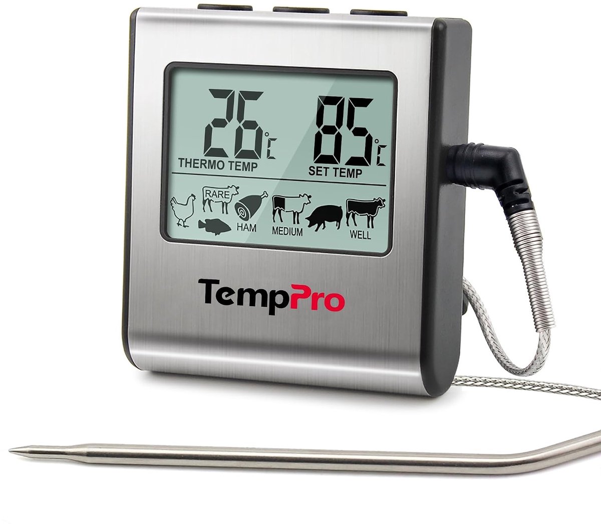 Digitale Voedselsthermometer - Roestvrij Staal - Groot LCD Display - Met Timer - Voor Oven en Barbecue