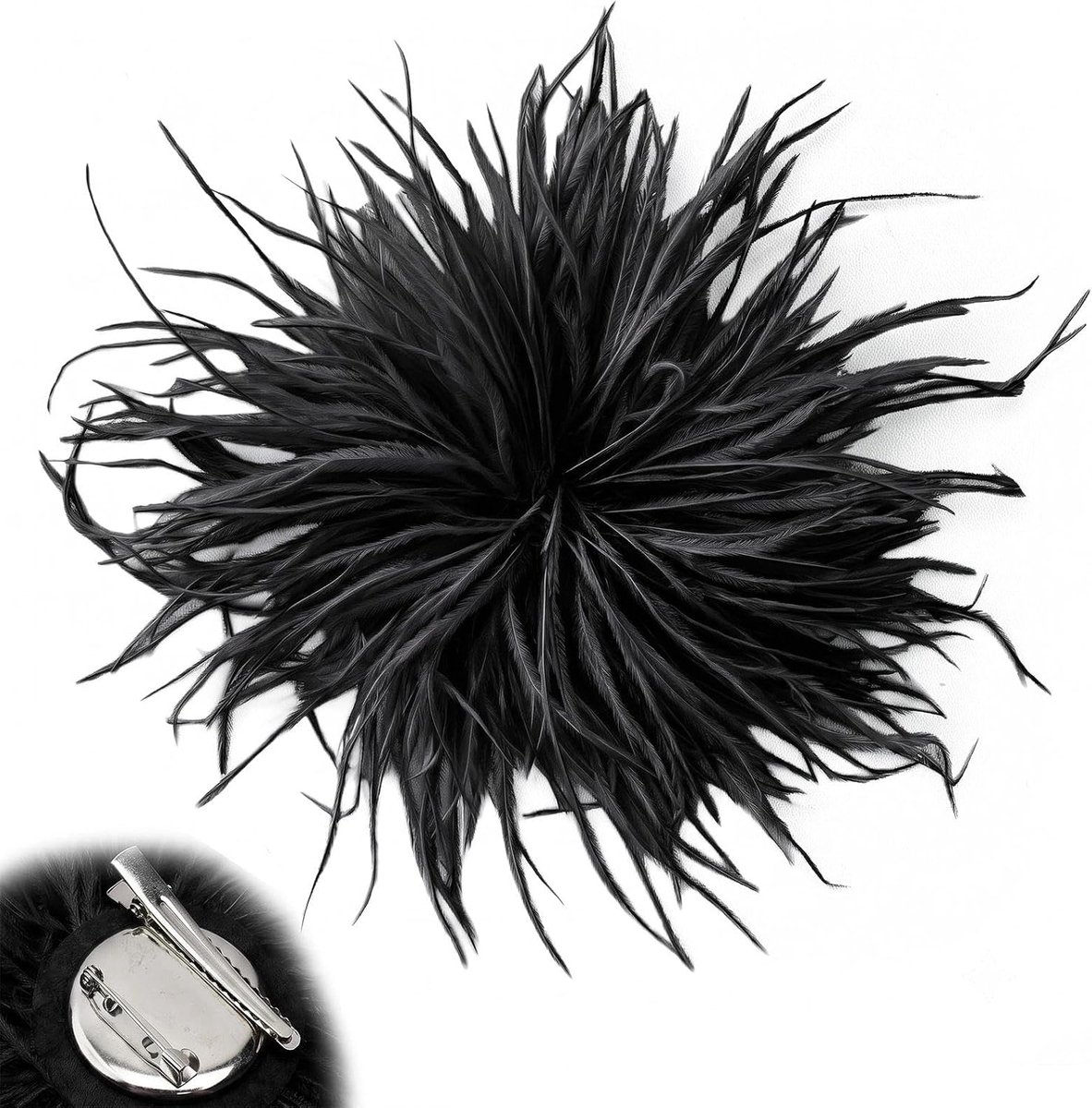 Broches om vast te klikken, zwart, struisvogelveer | Pluizige struisvogelveer, diameter ca. 10-15 cm, 2-in-1 broche & haarclip. Ideaal voor bruiloft, bruid, vintage look