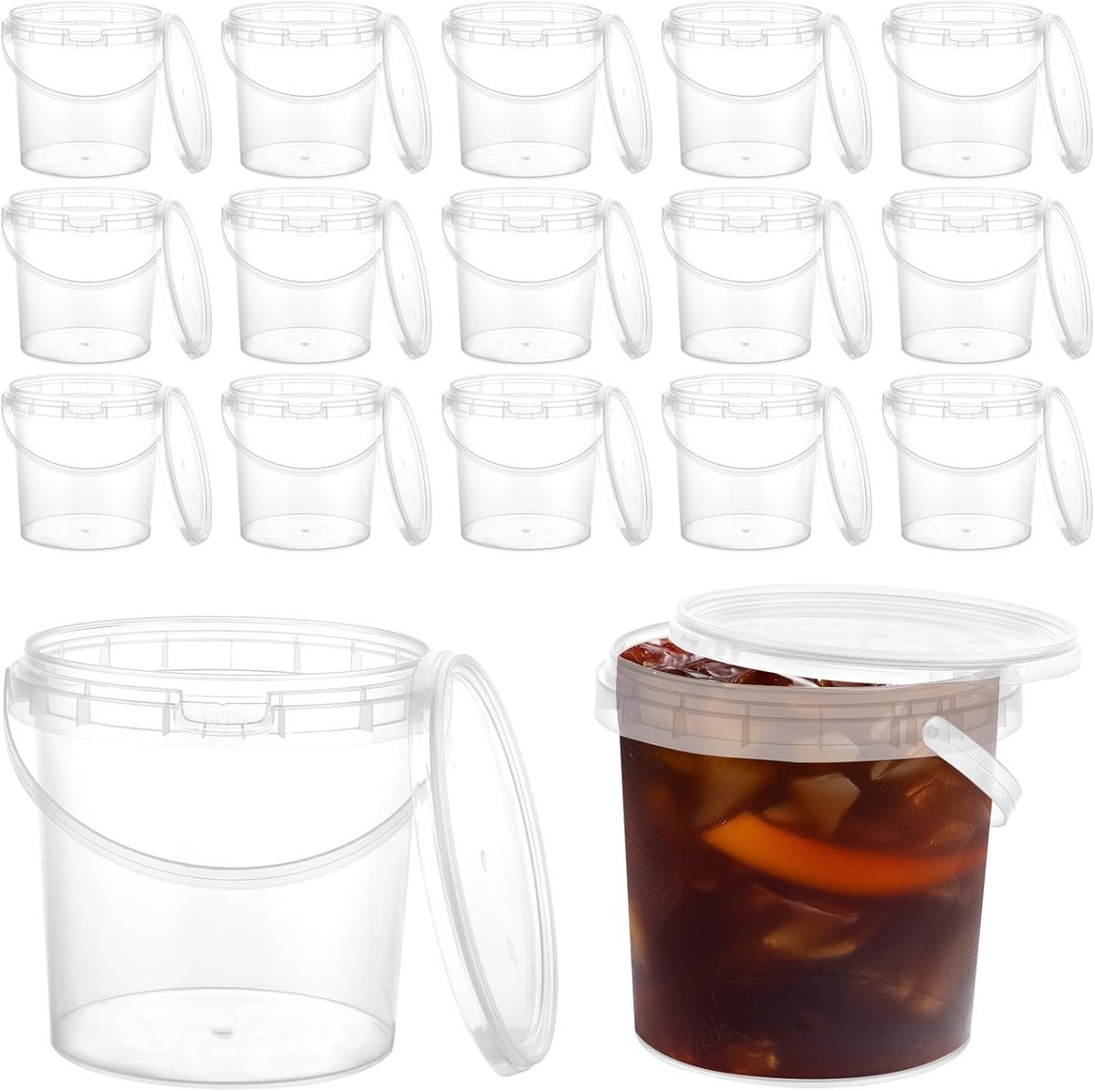 30 stuks Emmers met deksel 1L Luchtdicht - 35oz Herbruikbare plastic containers, lekvrij plastic bekers voor levensmiddelen, plastic bekers voor soepen, snacks