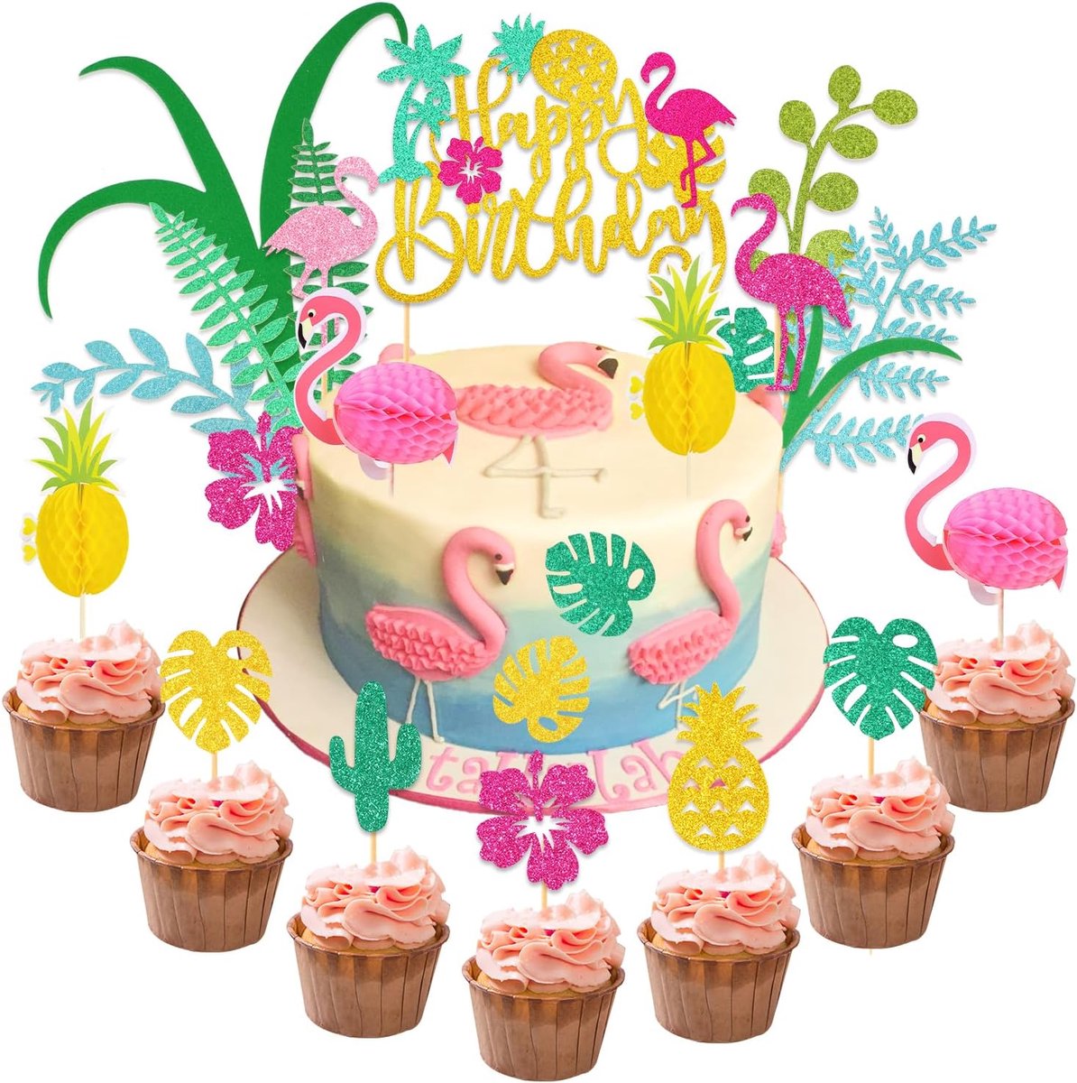 26 stuks Flamingo Happy Birthday Taart Toppers, Glitter Flamingo Taart Topper Happy Birthday Cupcake Toppers Hibiscus Bloem Plam Blad Ananas Verjaardagstaart Decoraties Hawaiiaanse