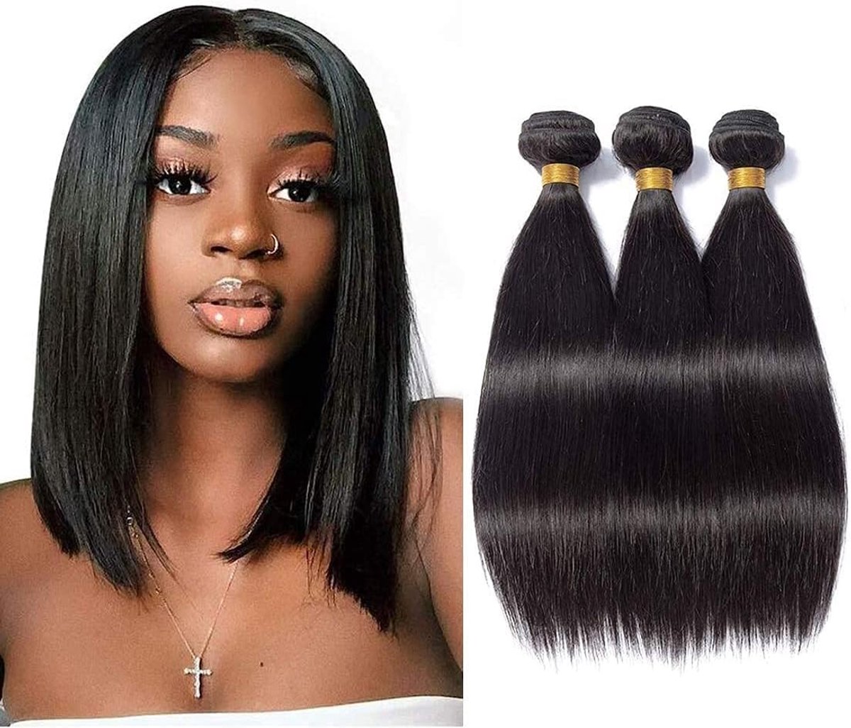 Straight Hair Human Hair 3 Bundles (10 10 10 inch, 210g) 100% Unprocessed Virgin Brazilian Straight Human Hair Extensions 3 Bundles Natural Black Color