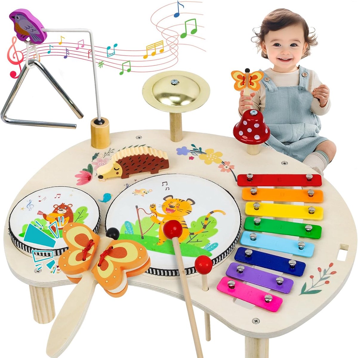 Muziekinstrumenten voor kinderen vanaf 1, 2, 3 jaar, babymuziekspeelgoed, driehoek, drumstel, trommel, xylofoon instrumenten, kinderen, muziekset, Montessori-speelgoed, verjaardag, Pasen, cadeau