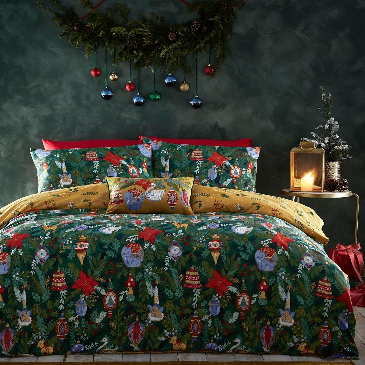 furn. Deck The Halls 2 stuks, eenpersoons dekbedovertrekset, katoen, polyester, dennengroen