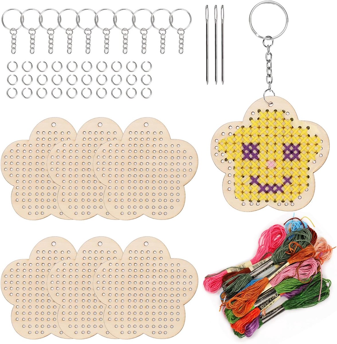 64 stuks bloemvorm houten kruissteek met sleutelhanger, springring, draad en naalden assortimentskit, houten naaiset voor beginners, knutselen, borduurset voor doe-het-zelf ophangdecoratie
