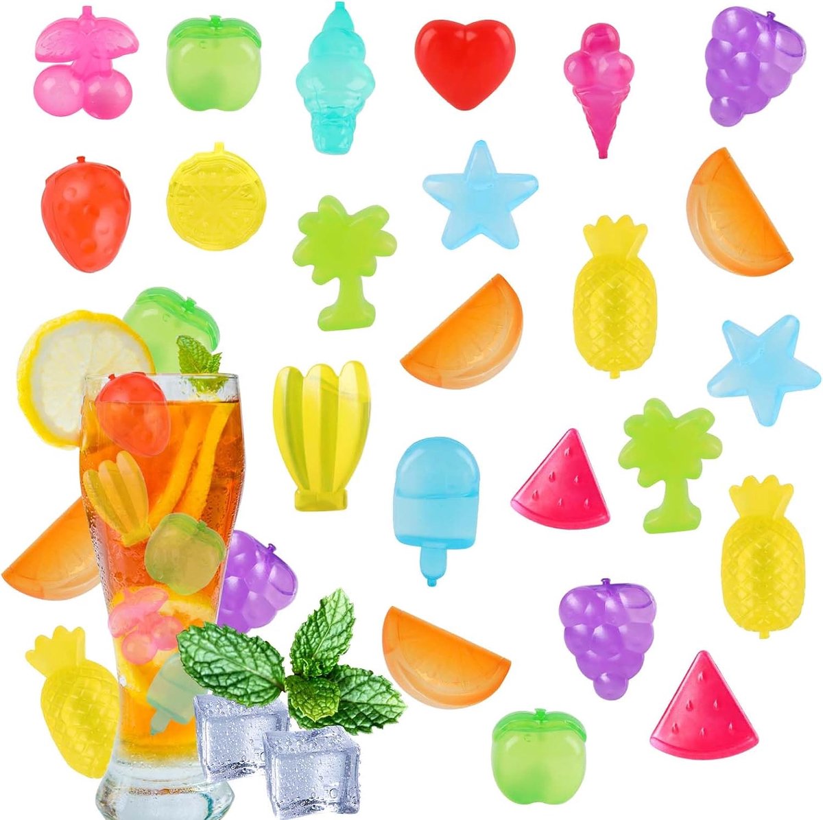 IJsblokjes 30 Stuks - Kunststof Vruchten voor het Koelen van Dranken - Feestdecoratie in Kleurrijk Fruit