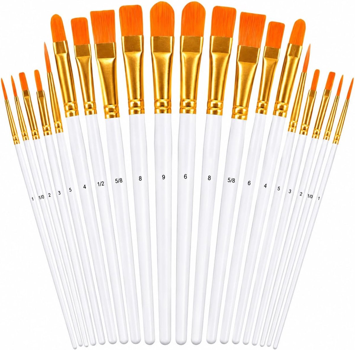 20 stuks penseelset, nylon penselen, penseelset voor aquarel, acryl en olieverfschilderijen, 10 stuks verschillende maten, penseelset voor kunstenaars, schilderpenseel voor beginners, kunstenaars (wit