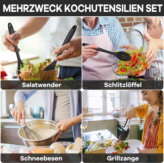 Keukenhulpset, 7-delige zwarte siliconen keukengerei set - Anti-aanbakkookbestek, hittebestendig kookgerei met spatel voor koken, bakken, gezond, vaatwasmachinebestendig — afbeelding 5