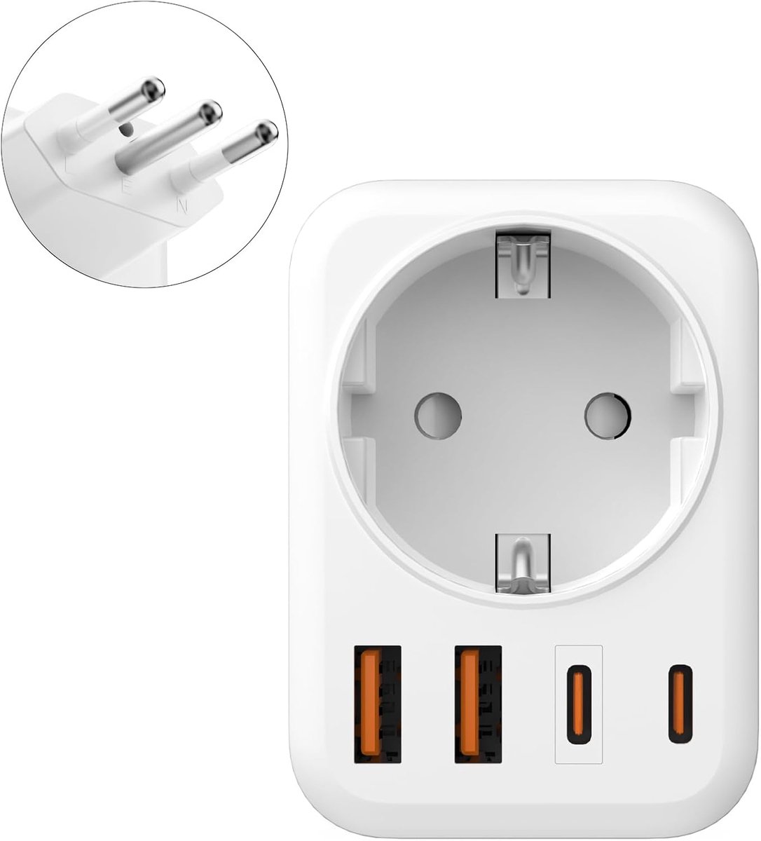 5-in-1 adapter Italiaanse naar Frankrijk, adapter stekker type L met 2 USB C, 2 USB A, Europa FR 2-polig naar US 3-polig, voor Italië, Chili, Malediven, Sint-Marina, Vaticaan