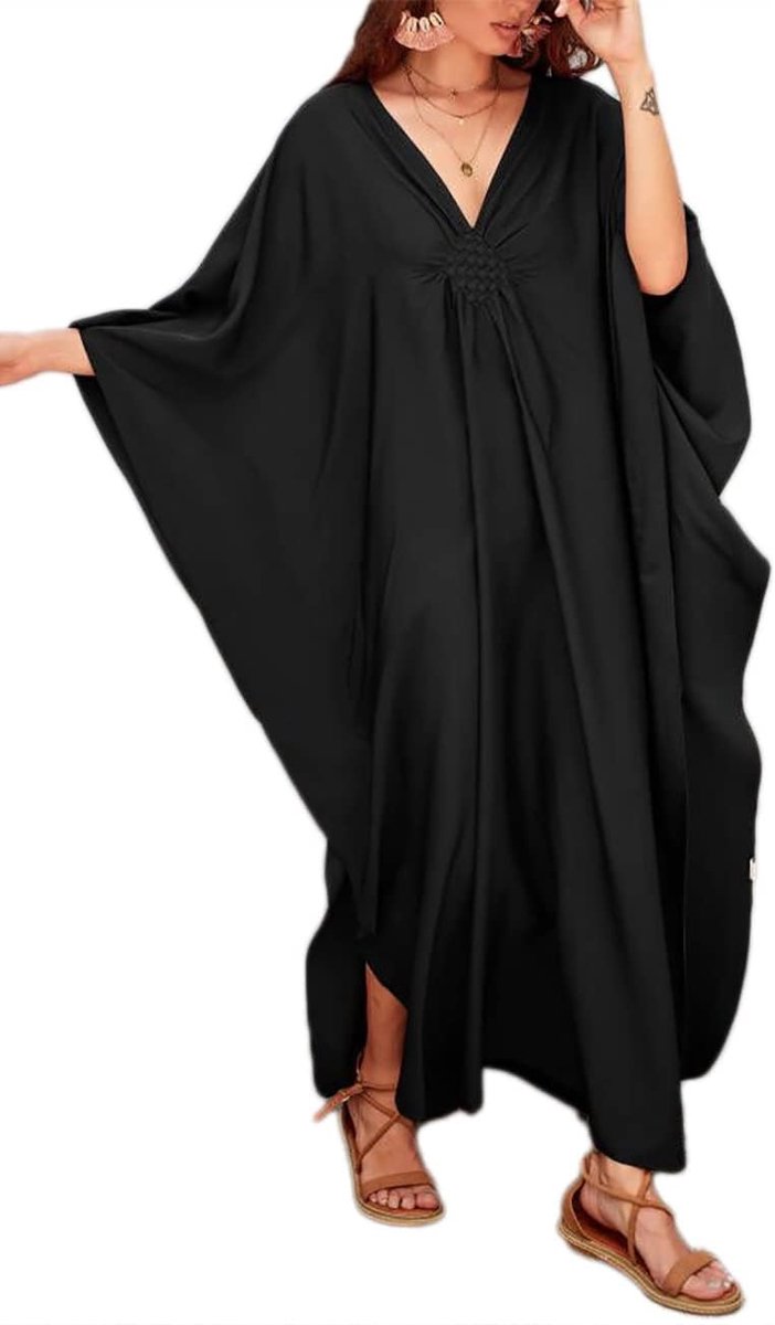 Damesjurk, effen, overgooier, V-hals, vleermuismouwen, grote maat, strandkaftan, F-zwart, one size