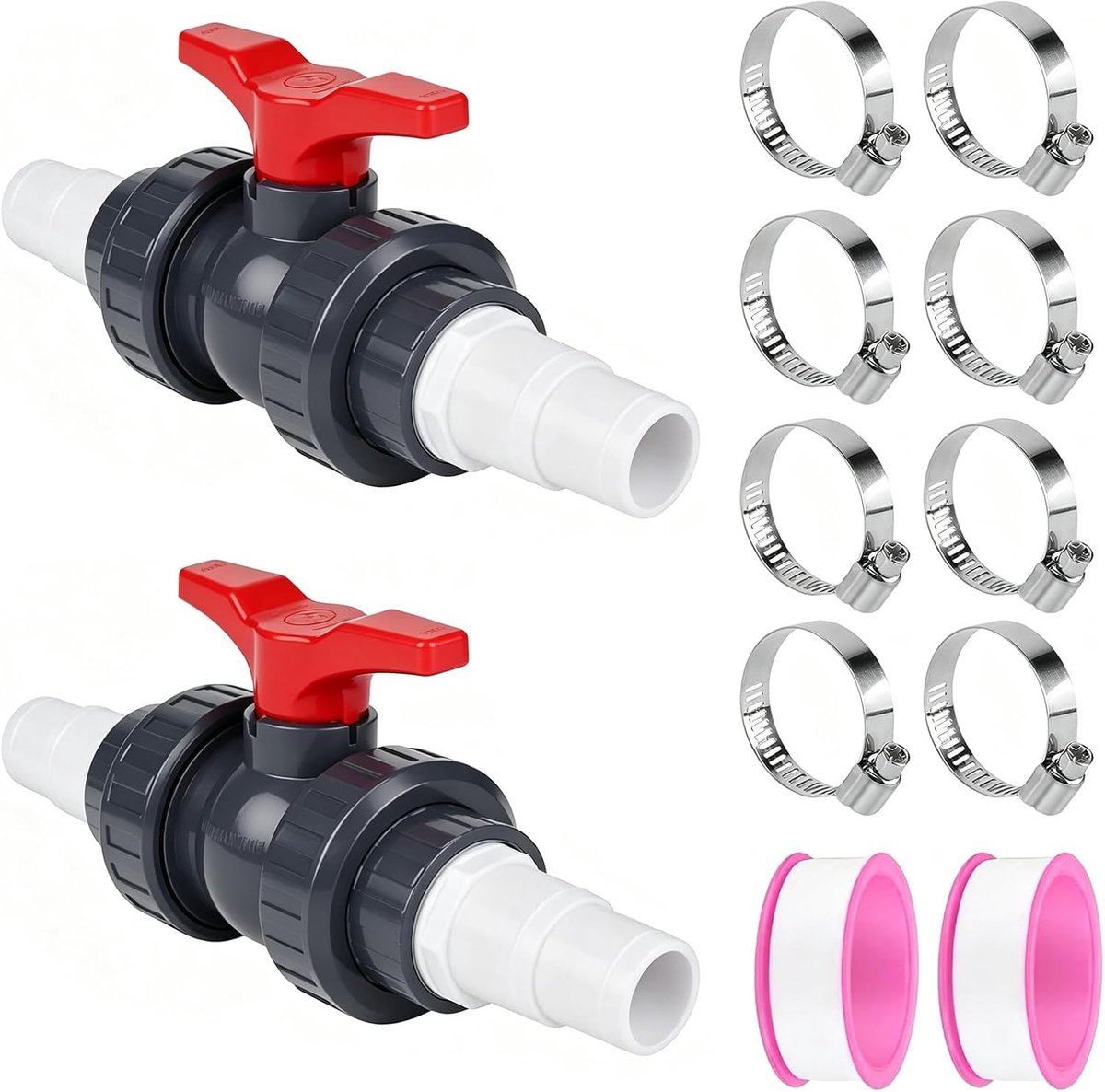 2 stuks pvc-kogelkraan met slangaansluiting, afsluitventiel 1 1/2 inch (50 mm) voor zwembadslang 32-38 mm, doorstroomregulerend zwembadventiel voor zwembad, regenton en tuinirrigatie