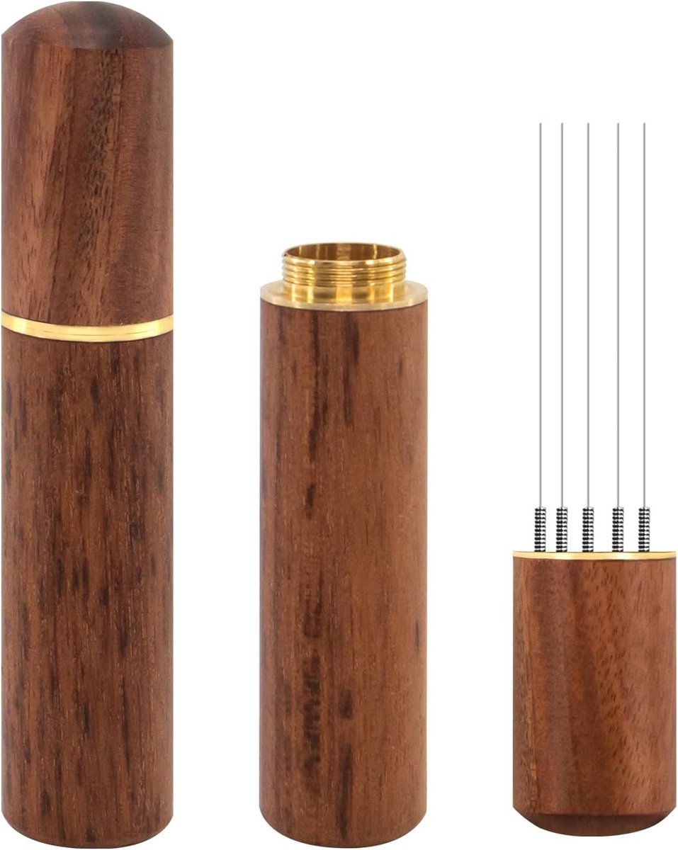 Espresso Koffie Roerder 5 Naalden 0.4mm Espresso Distributie Gereedschap, Natuurlijke Houten Handvat en Stand