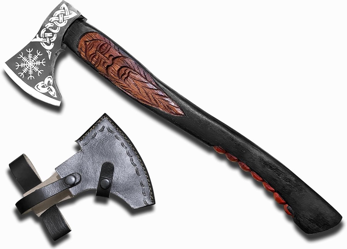 Ragnarök Handgesmede outdoor bijl, 56 cm, cadeau en verzamelstuk van koolstofstaal met gesneden essenhouten handvat, wolf- en draakdesign, lederen schede voor camping