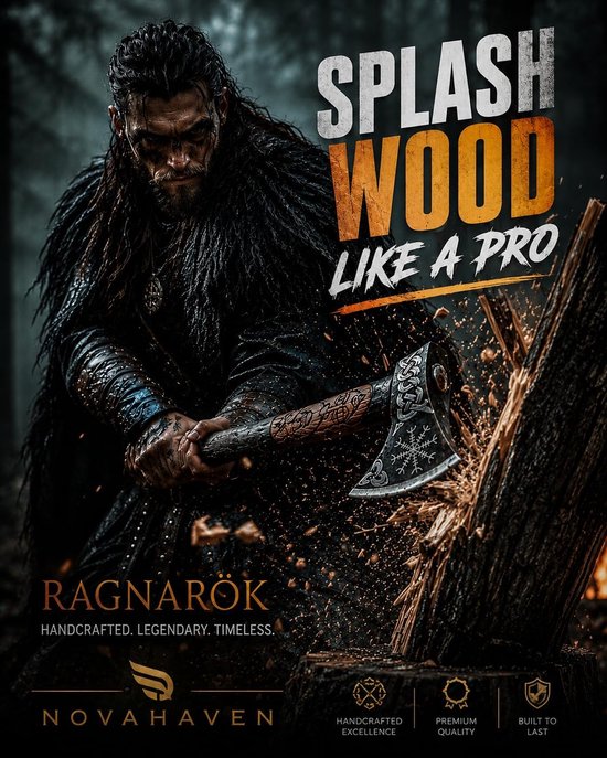 Ragnarök Handgesmede outdoor bijl, 56 cm, cadeau en verzamelstuk van koolstofstaal met gesneden essenhouten handvat, wolf- en draakdesign, lederen schede voor camping — afbeelding 3