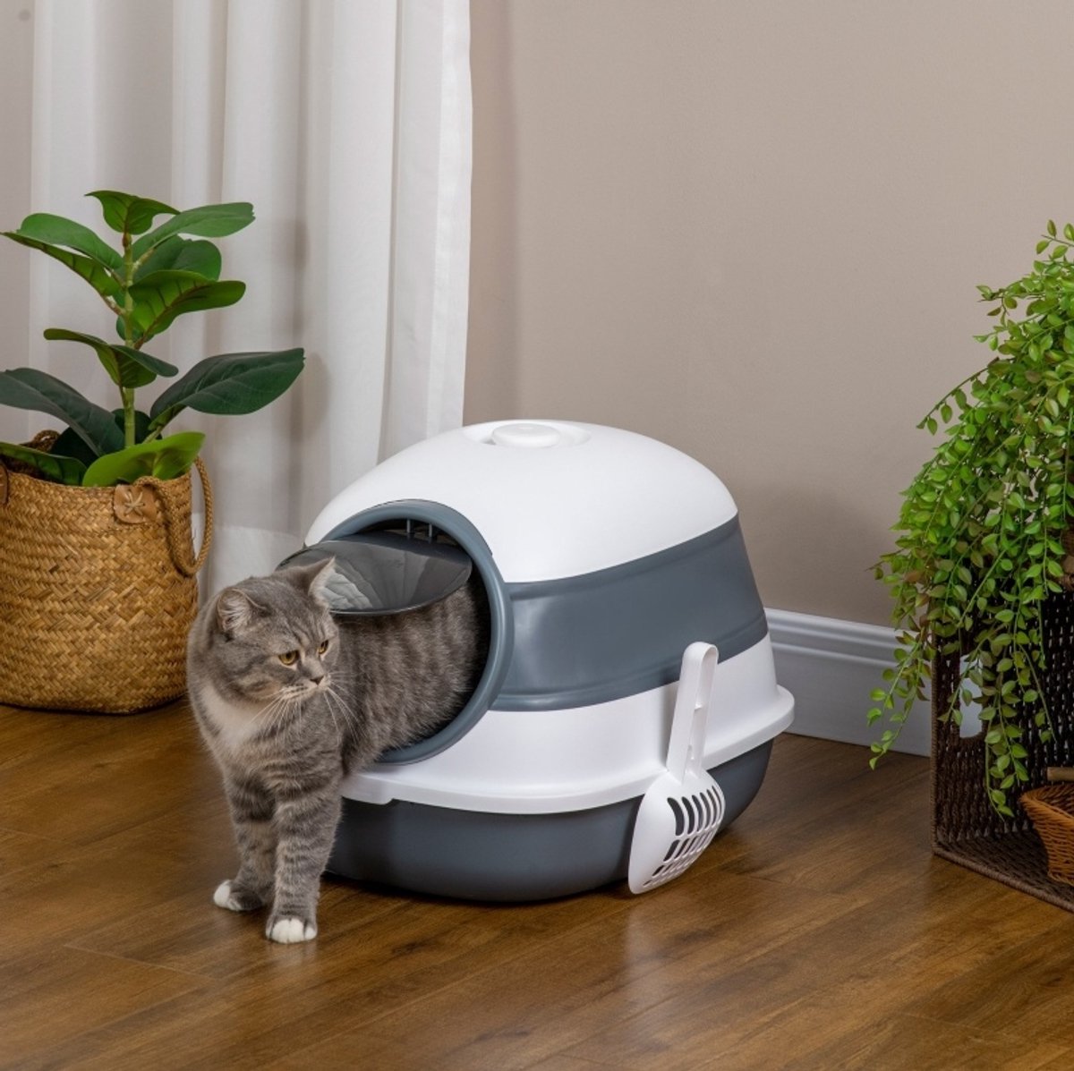 COVREO Kattenbak 52 x 41 x 38 cm wit grijs, plastic met filter en schep