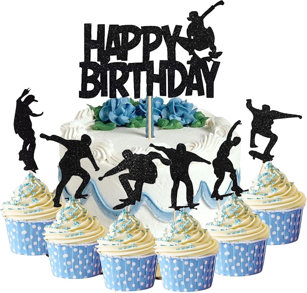 skateboard, 7 stuks taarttoppers, skateboarden, Happy Birthday, verjaardag, taartdecoratie voor verjaardagstaarten, decoraties