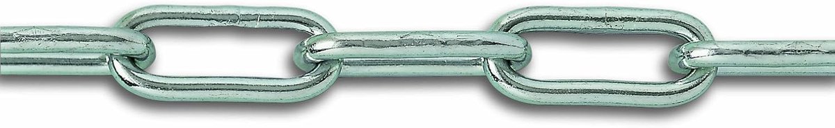 - Gelaste ketting met lange schakels – verzinkt staal – nominale werkbelasting 225 kg – diameter 6 mm – lengte 6 m – voldoet aan kwaliteits- en veiligheidsnormen, grijs