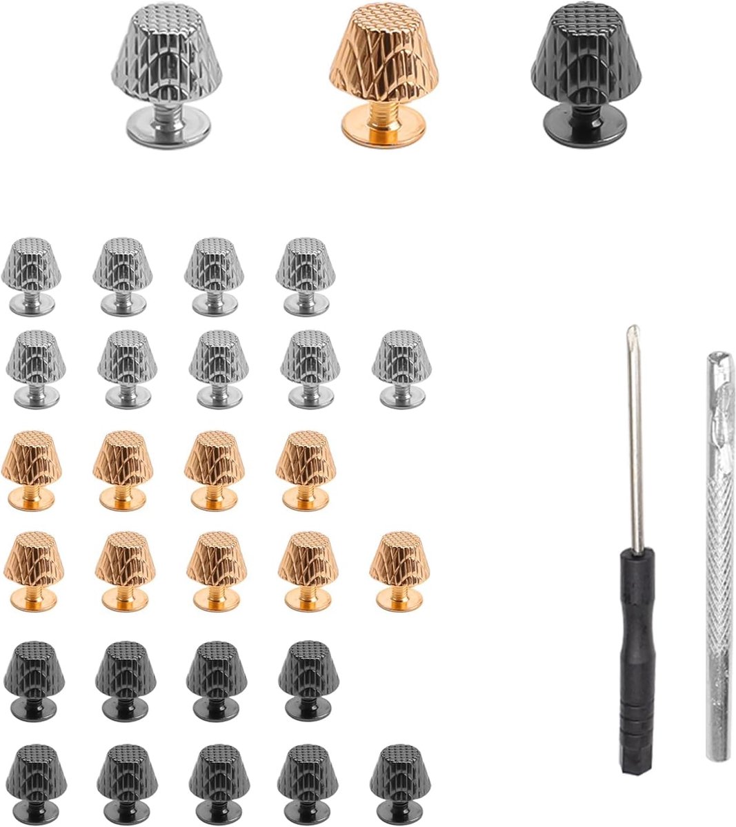 30 stuks zakpoten van zinklegering | 10 mm platte kop klinknagels | 3 kleuren (zilver/goud/gun-metallic) | incl. lederen perforator & schroevendraaier | voor tassen en lederwaren