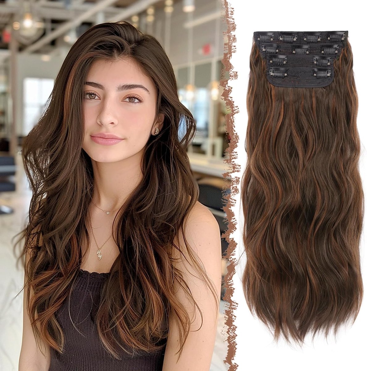 Haarextensies - 4 stuks Lange Golvende Clip in Haar Extensions Kunsthaar Haarverlenging voor Vrouwen, 60 cm Donkerbruin & Kastanjebruin