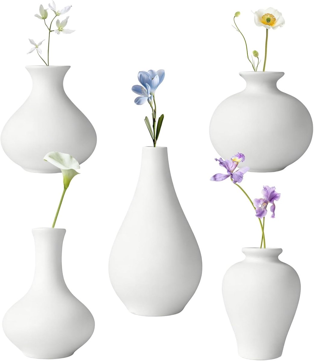Ceramic Vazen Set 5pcs - 9cm Wit Keramiek - Minimalistisch Design - Perfect voor DIY Decoratie - ShopVlot
