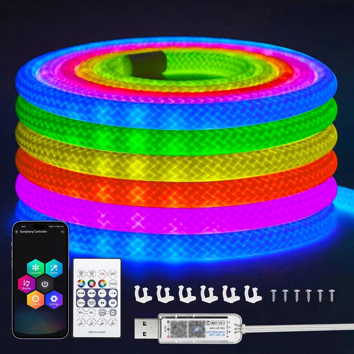 3M RGB ledstrip, 5V USB neon strip, IP67 Waterdichte Lichtstrip met Afstandsbediening, APP-Bediening, Muzieksynchronisatie en Timerfunctie, geschikt voor Feesten, Zwembaden, Pasen Buiten Decoratie