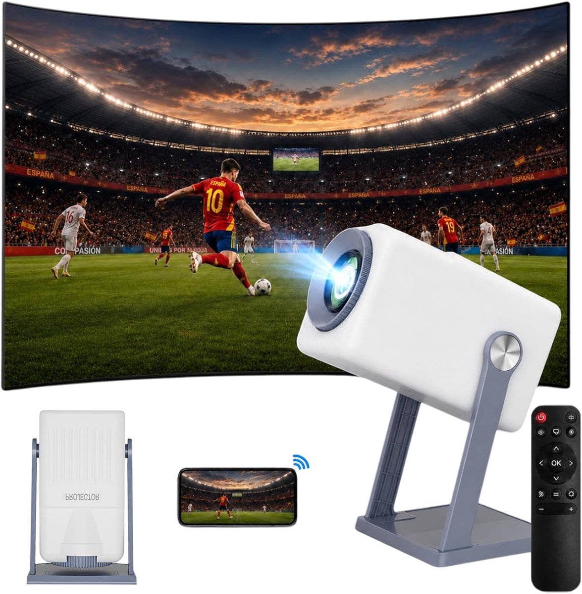 SnelShoppen - Draagbare mini-projector met Android 11, 4K-projector ondersteuning, 1080p, wifi 6, Bluetooth 5.0, 360° draaibaar, perfect voor thuisbio