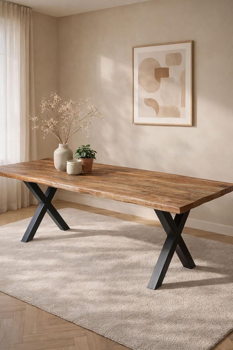 Home Rechthoekige Boomstam Eettafel 160 cm Mangohout – Rustiek – Zwart Metalen Matrix Onderstel – Industrieel – 4-6 Personen