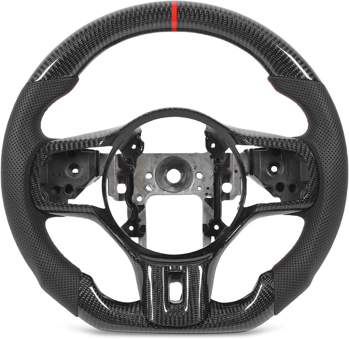 Koolstofvezel Stuurwiel, Geperforeerd Lederen Autostuurwiel met Platte Bodem D-vorm, Rode Stiksels en 12 O Klokring, Vervanging voor Lancer Evolution X 2008-2016