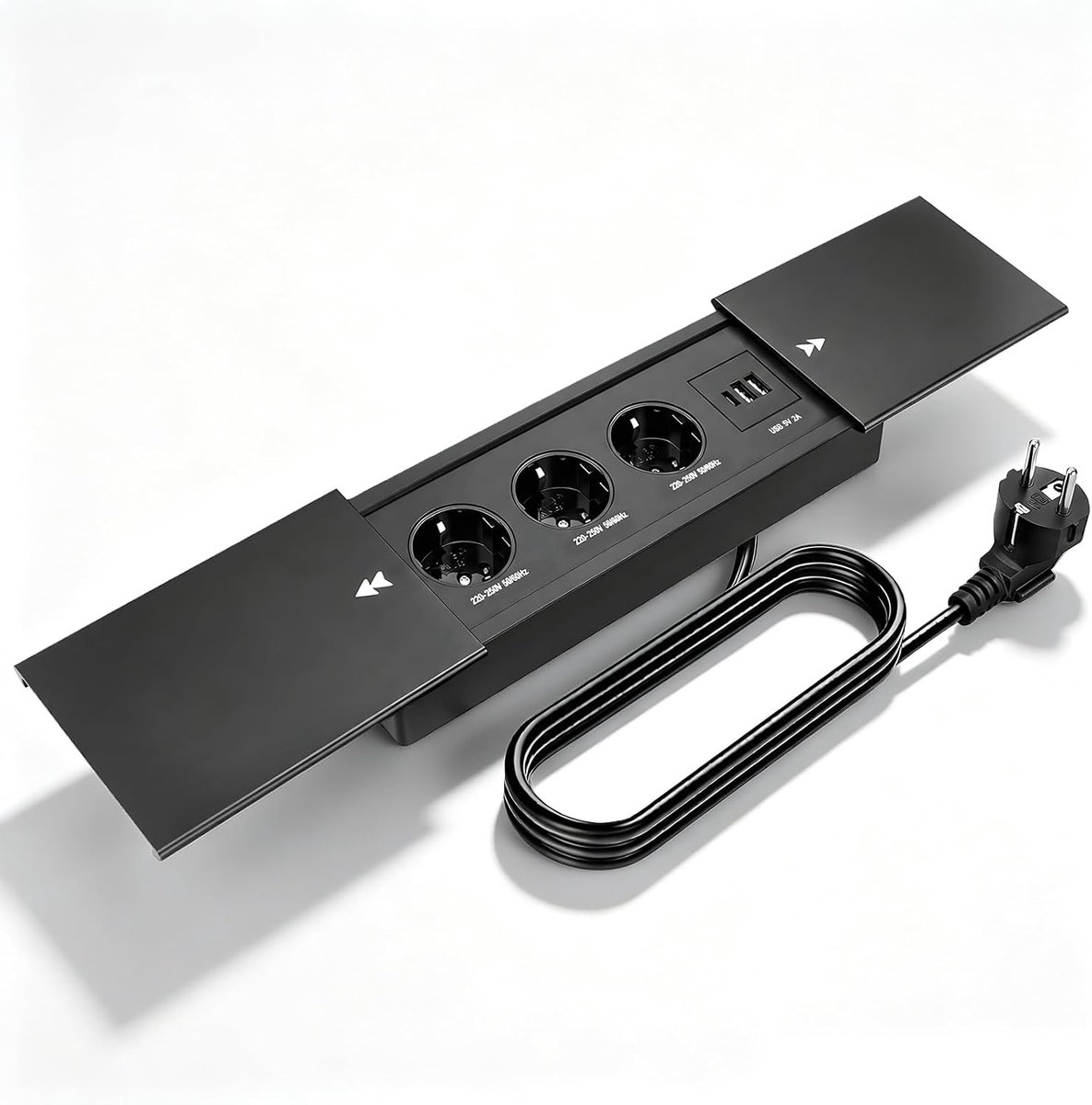 stekkerdoos met 3 stopcontacten, 2 USB-A en 1 USB-C-poort, inbouwstopcontact met schuifdeksel, tafelcontactdoos 2500 W, 16 A, aluminium tafelblad stopcontact voor keuken, kantoor, bureau