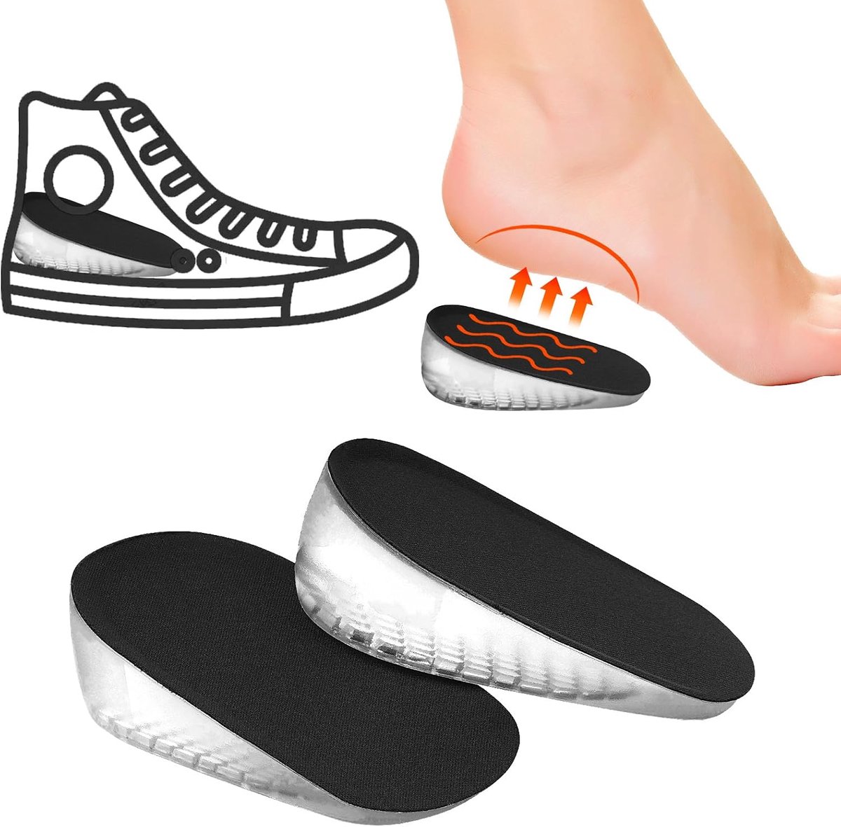 Inlegzolen van gel, 3 cm, zwart, uniseks, SHOE_INSERT, medische gel, 1 stuk, verlichting van hielpijn, vermindering van vermoeidheid van de voet