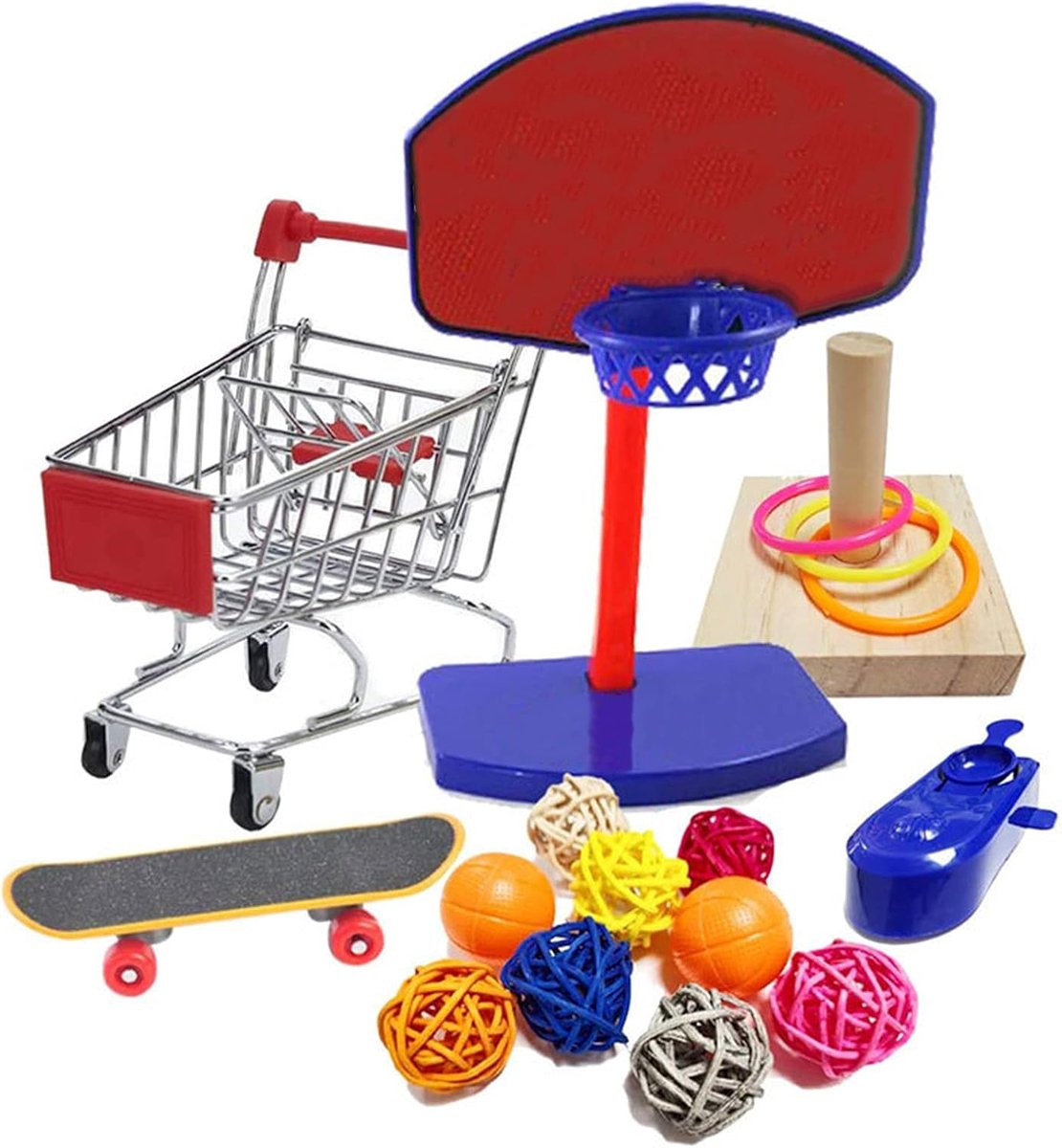 Speelgoed set inbegrepen Trainingsbasketbal, kleurrijke stapelringen, mini-skateboard en winkelwagentje, Sepak Takraw voor papegaaien, parkieten, valkparkietparkiet #1