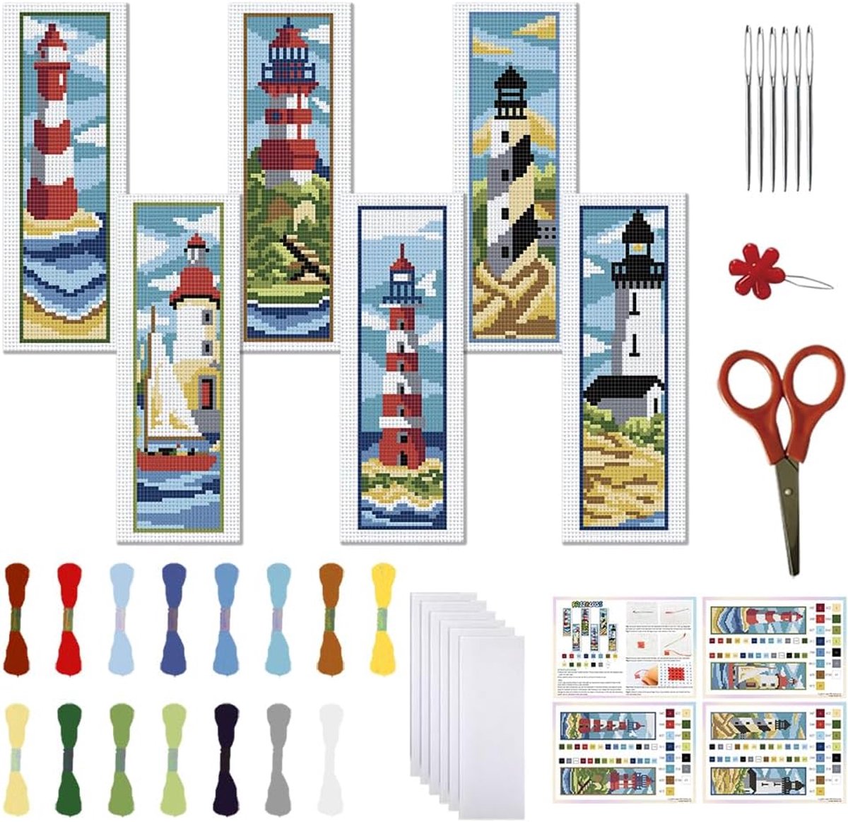 6 set kruissteekkits met instructies - vuurtoren landschap patroon