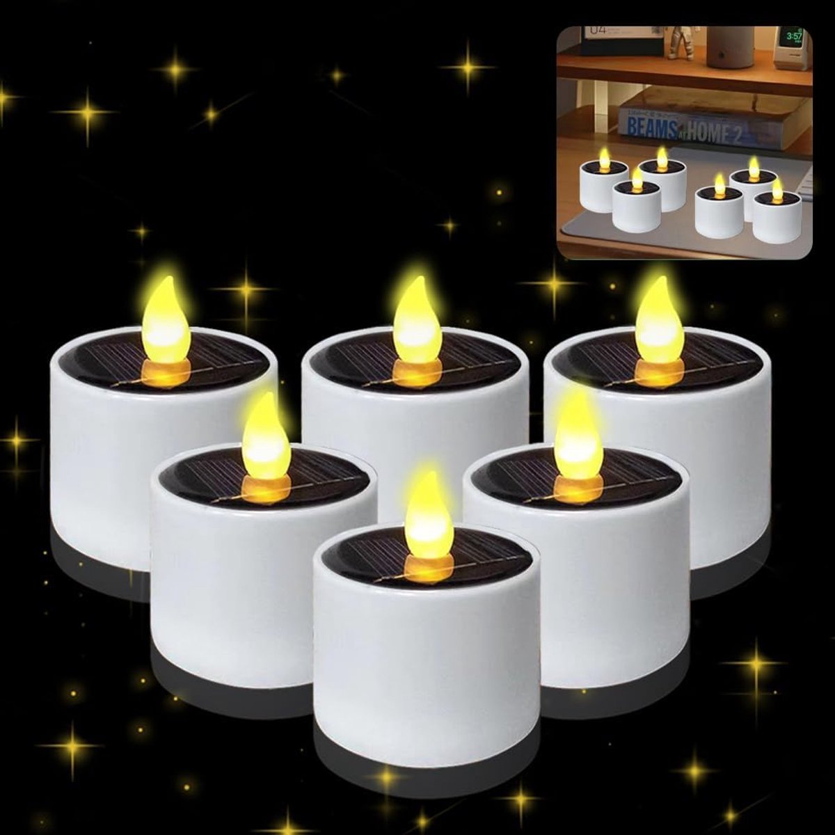 6 stuks led-kaarsen op zonne-energie met vlameffect, oplaadbaar, led-theelichtjes op zonne-energie voor buiten, theelicht met oplaadbare batterij, flikkerend, op zonne-energie, elektrische