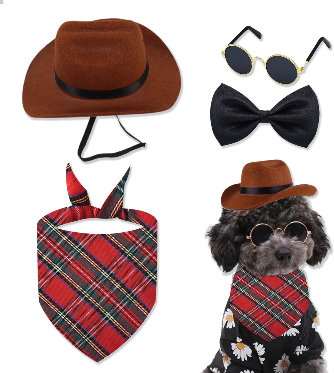 Hoed voor Honden, Cowboyhoed voor Huisdieren, Schattige Puppy Hoed en Zwarte Zonnebril Bandana Vlinderdas Kraag voor Kleine Middelgrote Honden en Kat