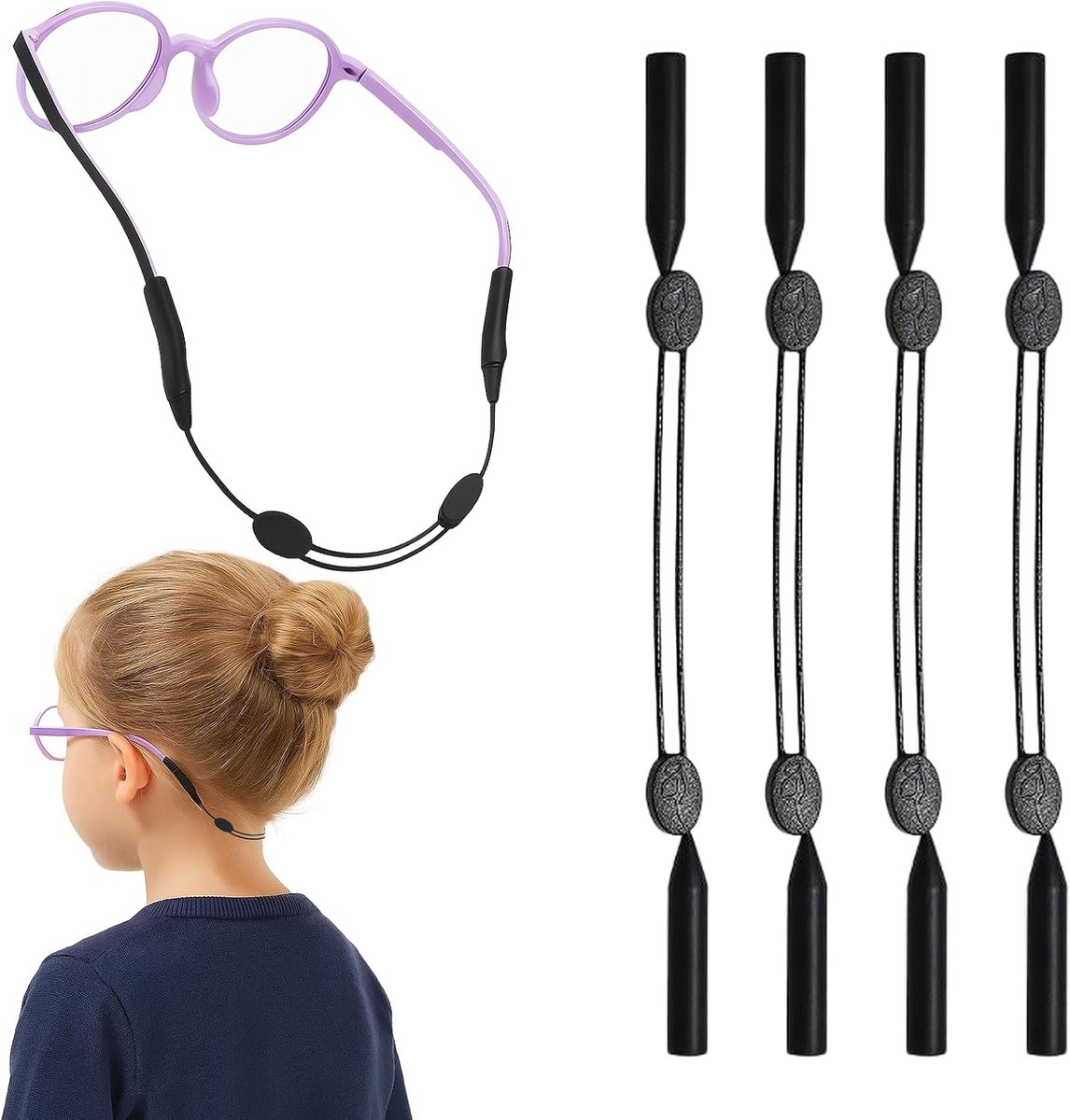 4 stuks brillenbandjes voor kinderen, brilbanden voor kinderen, sportkinderen, verstelbare brilbanden (jongens/meisjes), zwart, ideaal voor basketbal, sport en outdooractiviteiten
