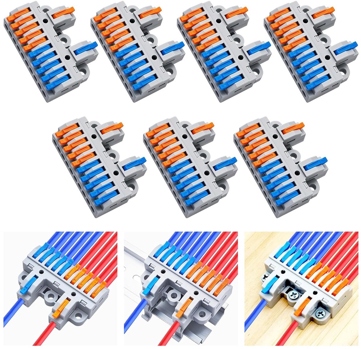 2-in-10-uit klemmenblokset (7 stuks), hefboomdraadverbindingsconnectoren voor uitgebreide splitsing, dubbele ingang naar 10 uitgangen, DIN-rail & schroefbevestiging, 28-12AWG