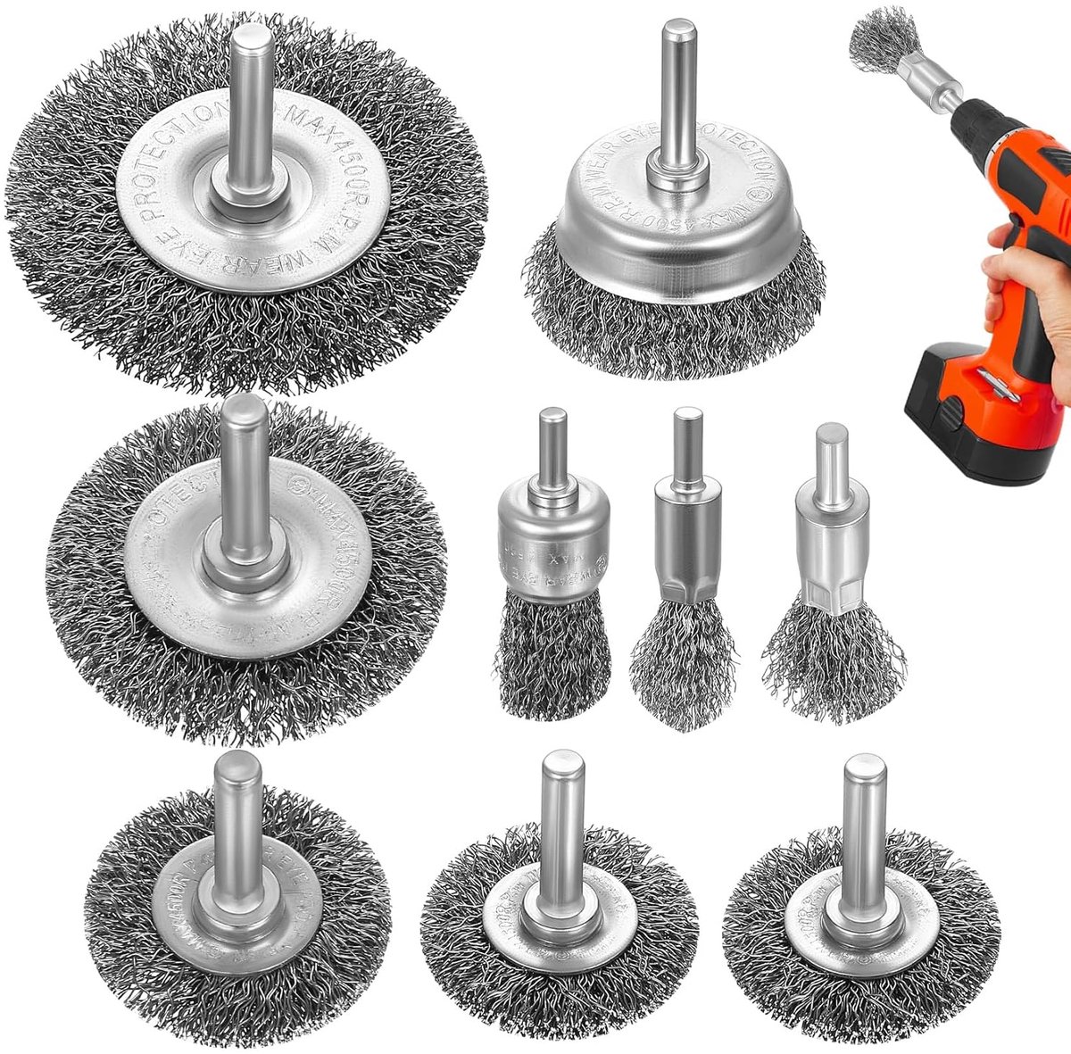 9 stuks draadborstels, boormachineset, 6 mm (1/4 inch) draadborstel, accuschroevendraaier, draadborstelset, boormachine, voor slijpen, polijsten, ontroesten, reinigen, roestverwijd