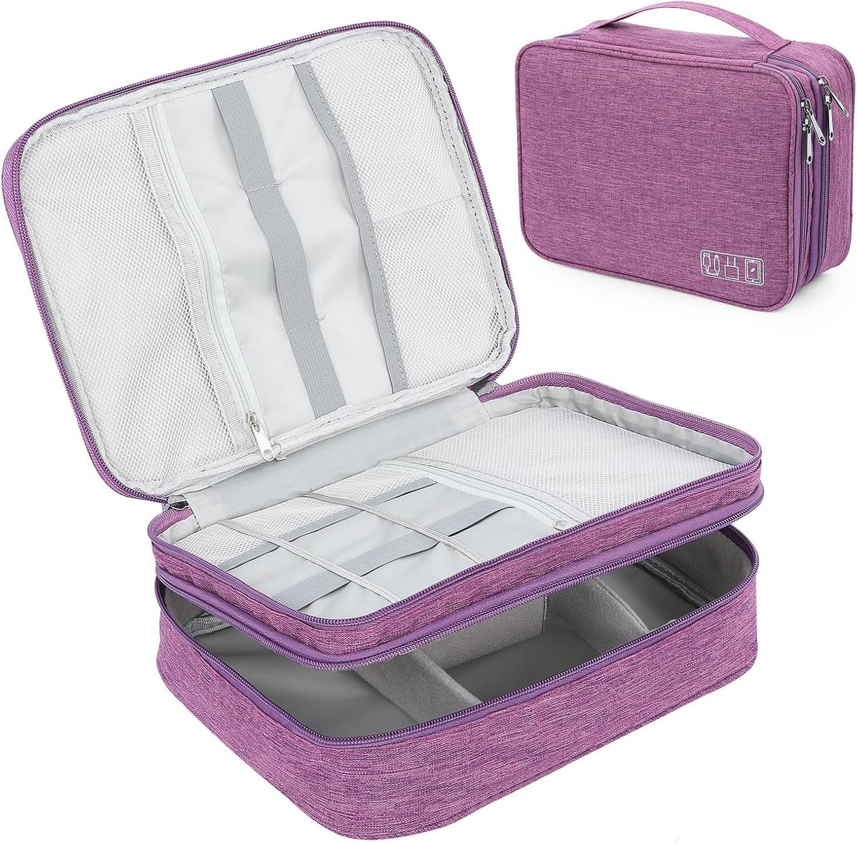 Universele organizer tas voor reizen, elektronisch, accessoires voor tablet, externe harde schijf, oplader, USB-kabel, adapter, geheugenkaarten, paars, 3 lagen, kabelorganizer tassen