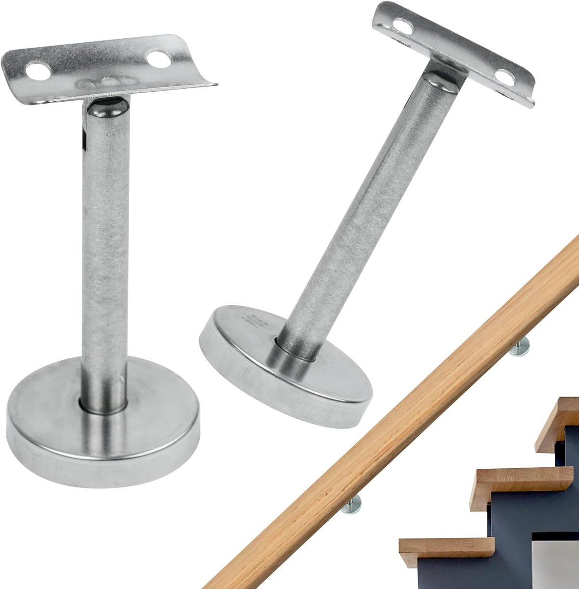 Leuninghouder van roestvrij staal, 2 stuks, verstelbare leuningdragers, roestvrij staal, leuningsteun, metalen leuninghouder voor gang, steunstang, trapleuning, hal, badkamer, leuning