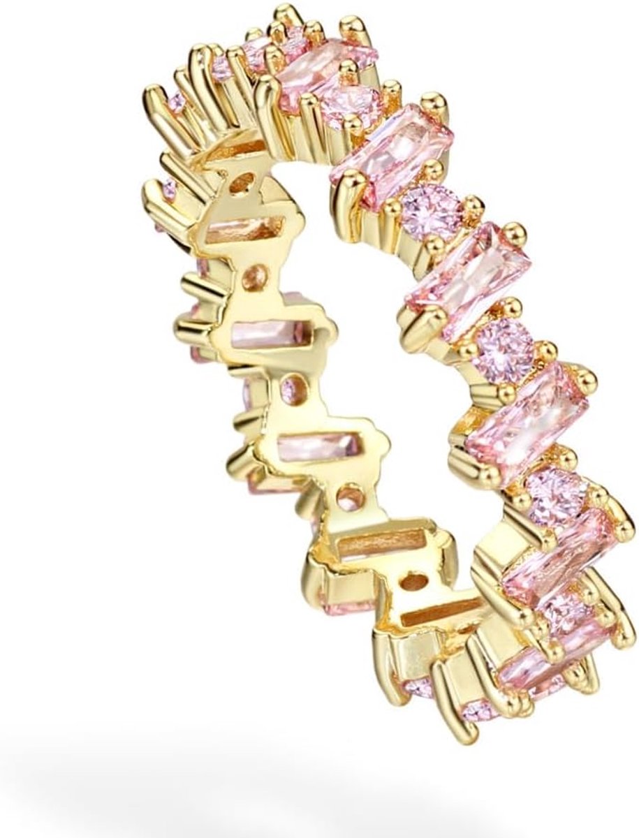 18K Gold Pated Eternity Band Ring Roze Zirconia Baguette Statement Ring voor Dames Meisjes