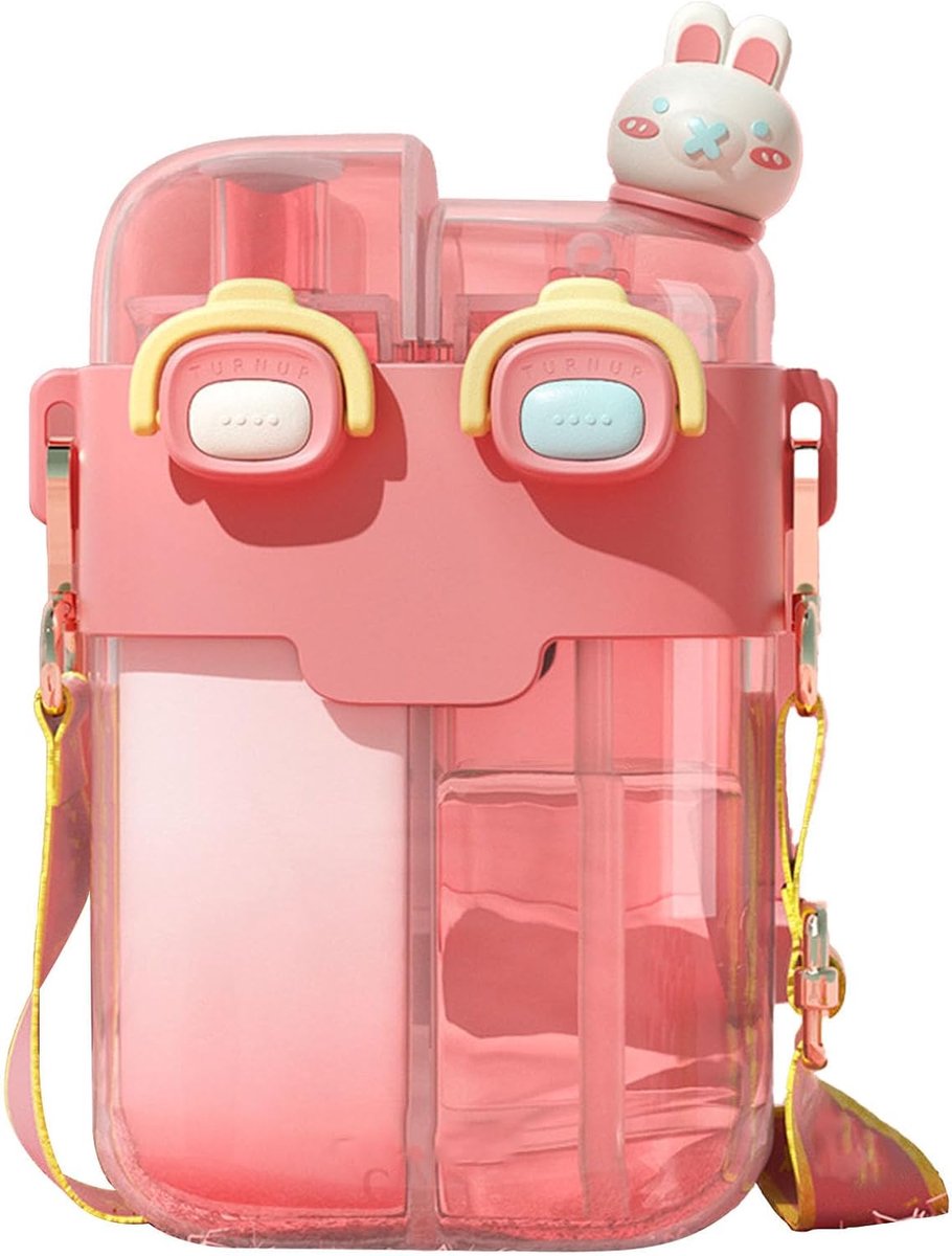 Waterflessen voor Meisjes Dubbele Drinkwaterfles met Rietje Verstelbare Riem voor Buitensportreizen (Koraalroze 780ml)