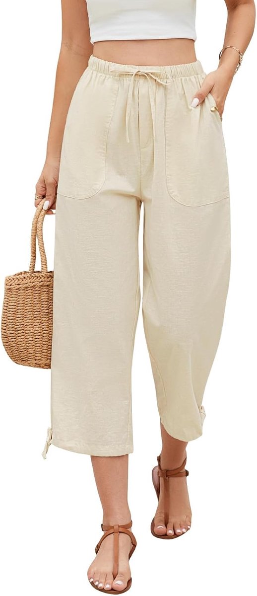 Linnen damesbroek, zomerbroek, 3/4 damesbroek, hoge taille