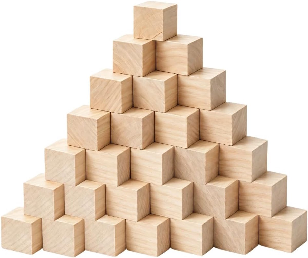30 Stuks Houten Dobbelstenen, 5 x 5 x 5 cm, Natuurlijke Blokken Om Te Knutselen, Vierkante Blanco Onbehandelde Dobbelstenen Voor DIY, Stempel